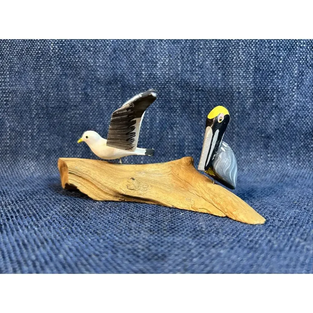 Hand Carved Painted Miniature Brown Pelican And Gull On Driftwood Sculpture 5”